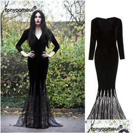 Costume à thème Halloween Cosplay Morticia Addams Ghost Witch Adt Women Horror Black Gothic Lace Dress Robe Robe Party Carnival 221124 DHV6S