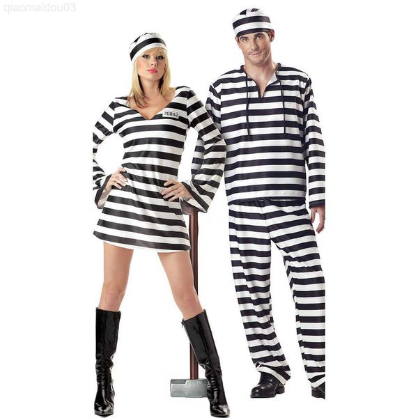 Thème Costume Halloween Robe pour Femmes Amoureux Hommes Vêtements Prisonnier Déguisement Adulte Carnaval Mascarade Noir Blanc Bande Jailbird Vient L230804