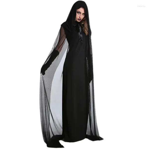 Costume à thème Halloween, robe cape de sorcière maléfique avec gants de chapeau pour femmes, Costumes de Cosplay de Vampire en maille élastique, spectacle sur scène