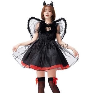 Thème Costume Halloween Déchu Noir Blanc Anges Cosplay Costume avec Ailes Jupe Démon Rôle Mal Diable Halloween Cosplay Costume x1010