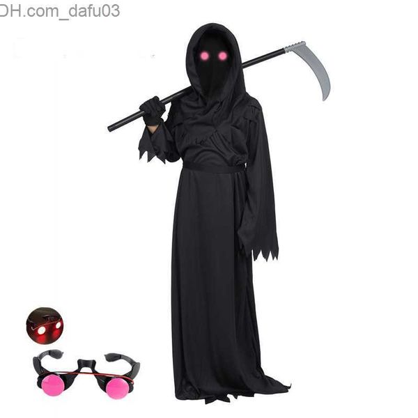 Traje temático Halloween Horror Red Eyed Reaper llega a los niños vestidos con terroríficas túnicas negras hoz demonios mensajeros oscuros fantasma juegos de rol Z230805