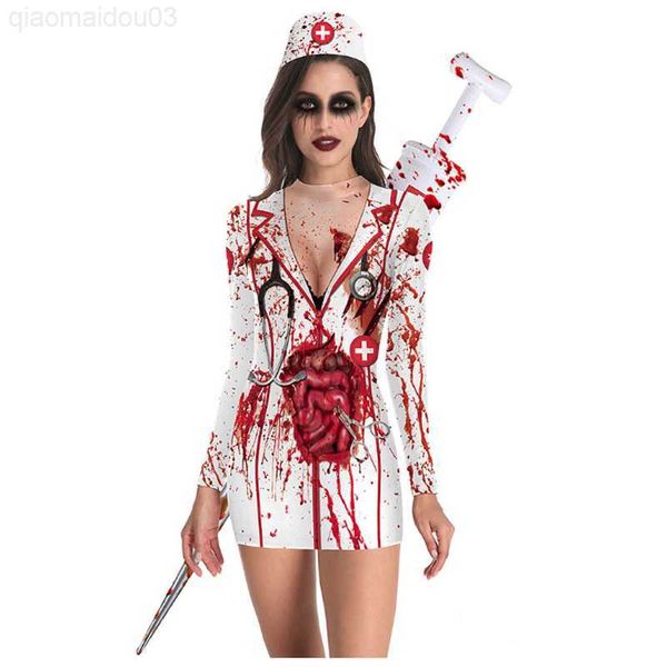 Traje temático Halloween Horror Papel Sangre Enfermera Paquete corto Cadera Vestido corto Cosplay Zombie Enfermera Uniforme Venga L230804