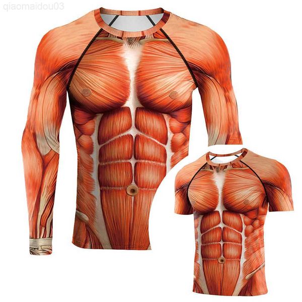 Thème Costume Halloween Muscle Body 3D Imprimé Hommes T-shirt De Mode Muscle Impression Homme À Manches Longues Top Corps T-shirt Tee L230804