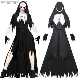 Themakostuum Halloween Nun Kom voor vrouwen 4-delig Moeder Cosplay Jurk Enge Nun Outfit Priester Aankleden Feest Rollenspel Cosplay T231011