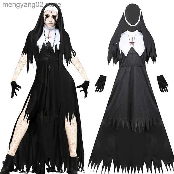 Costume à thème Halloween Nun Come pour les femmes 4 pièces mère Cosplay robe effrayant nonne tenue prêtre habiller fête jeu de rôle Cosplay T231011