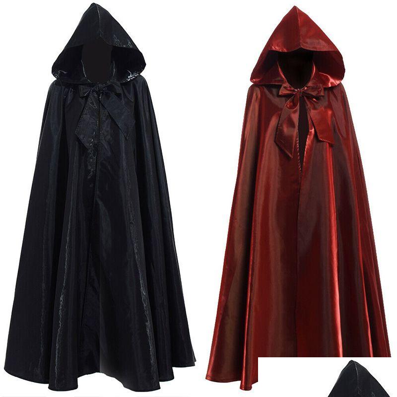 Costume a tema Halloween Party Cosplay Woman Men Adt Long Hero Witchcraft Hood Hood Cloak Satin Red Medieval 221026 Drop Del Delivery App Otrl7