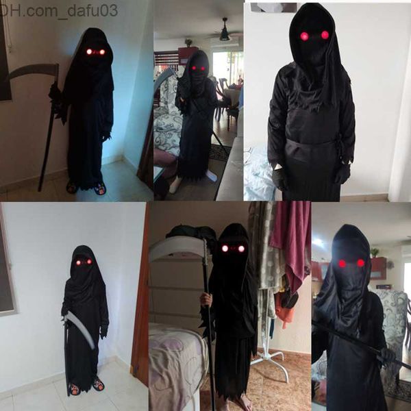 Traje temático El juego de rol de Halloween trae el esqueleto aterrador del dios de la muerte, la túnica fantasma de ojos rojos brillantes de los niños de los accesorios de dios Z230809