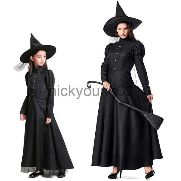 Thème Costume Halloween Assistant Cosplay Costume Enfants Adulte Halloween Femmes Deluxe Méchante Sorcière Costume Noir Robe Pleine Longueur x1010