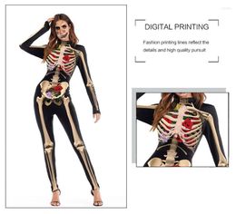 Traje de tema de diseñador sexy Halloween para mujer Esqueleto Estampado de rosa Miedo Mono flaco negro Traje de cosplay para mujer Co293w