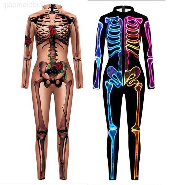 Disfraz temático Horrible Halloween Comes Skeleton Rose Print Ropa de manga larga Mono fantasma para mujer Carnival Catsuit Body L230804