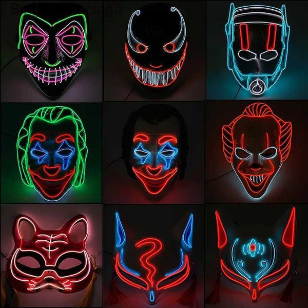 Tema Traje Horror Halloween Máscara de neón Máscara de payaso Fiesta de cosplay Ven capas Máscara LED Máscara de mascarada Máscaras de fiesta Brillan en la oscuridad L231008