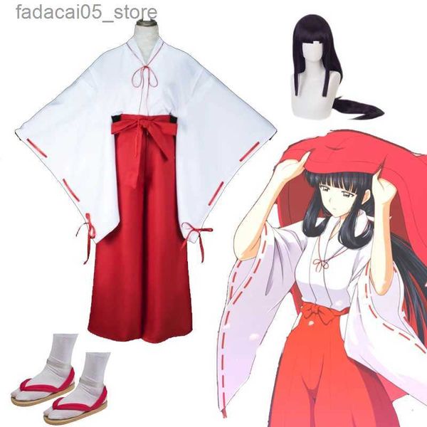 Thème Costume Inuyasha Kikyo Cosplay Venez Femmes Rouge Kimono Anime Kikyou Halloween Carnaval Cos Costume Perruque Paille Sandales Accessoires Complets Vêtements Q240130