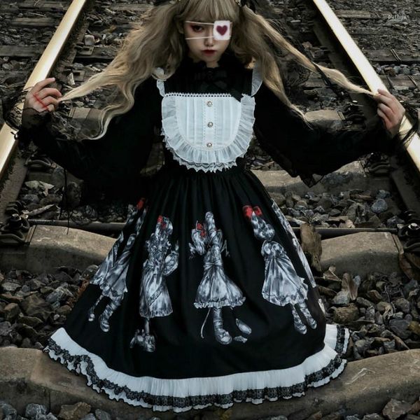 Costume a tema Giapponese Vintage Gotico Nero Steampunk Vittoriano Lolita Dress Donna Soft Sister Strap Abiti Cosplay Ragazze Halloween