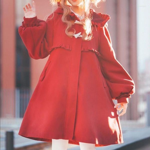 Traje temático kawaii lolita abrigo de peluche engrosado otoño e invierno negro rojo anime cosplay harajuku moda con capucha suelta dulce chicas loli