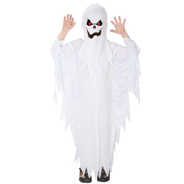 Disfraz temático Niños Niños Niños Spooky Scary Scary White Ghost Disfraces Robe Hood Spirit Halloween Purim Party Carnival Juego de rol Cosplay 294I