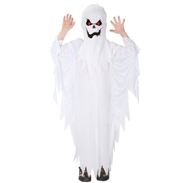 Disfraz temático Niños Niños Niños Spooky Scary Scary White Ghost Disfraces Robe Hood Spirit Halloween Purim Party Carnival Juego de rol Cosplay 273a