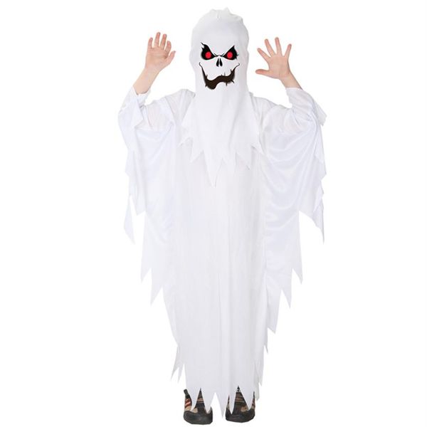 Disfraz temático Niños Niño Niños Spooky Scary White Ghost Disfraces Robe Hood Spirit Halloween Purim Party Carnival Role Play Cosplay 2976