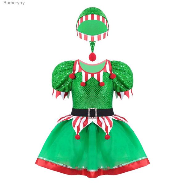 Costume à thème Enfants Filles Elfe de Noël Venez Noël Paillettes Pompons Orné Fantaisie Robe Tutu En Maille Avec Chapeau Nouvel An Carnaval Dress UpL231010