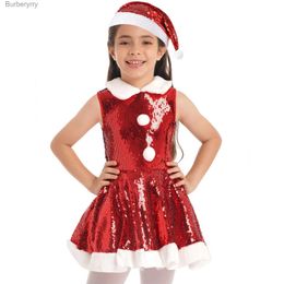 Themakostuum Kinderen Meisjes Kerstmis Kerstman Cosplay Jurk voor Nieuwjaar Kerstfeest Cadeau Prestaties Mouwloos Pailletten Jurk + Hoed SetL231010