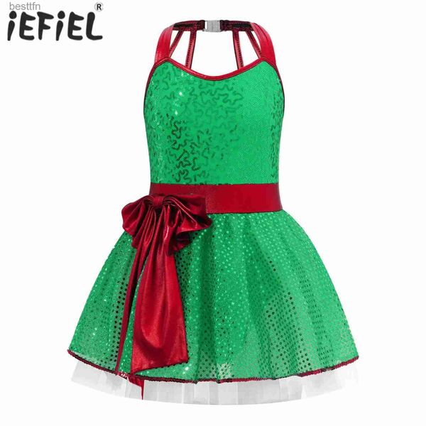 Disfraz de tema Niños Niñas Elfo Navidad Navidad Cosplay Ven con tiras Volver Lentejuelas brillantes Bowknot Tutu Vestido Ballet Leotardo Patinaje BodyL231013