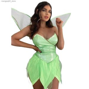 Costume à thème pour femme, Halloween, fée de la forêt, sexy, couleur unie, col en V, dos nu, sequins, bustiers, robe courte à volants irréguliers avec ailes Q231010