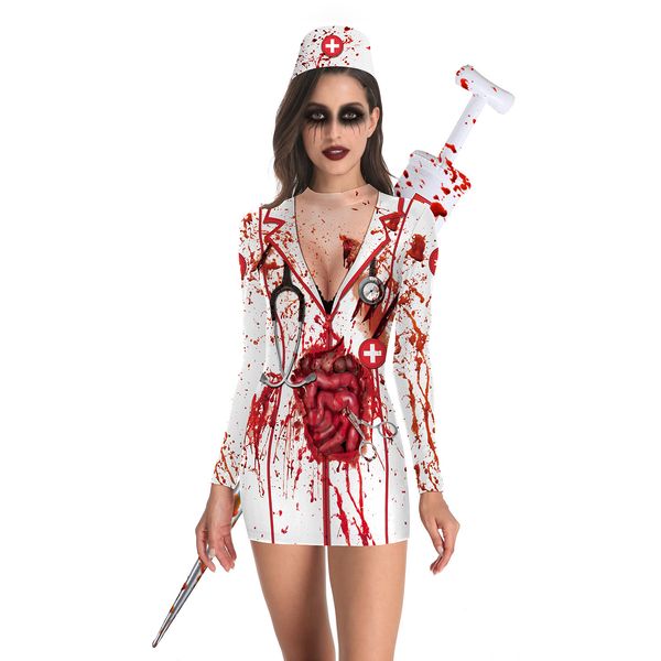 Thème Costume Dames Halloween Party Horreur Costumes Bloody Infirmière Zombie Robe Cosplay Sexy Col Rond À Manches Longues Pack Hanche 221022