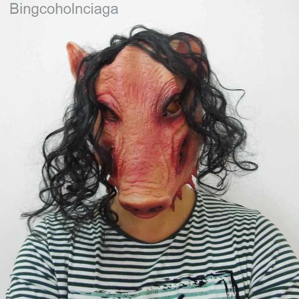 Thème Costume Latex Tête De Cochon Masques Effrayants Classique Cosplay Prop Halloween Masque Festival plis Masque Chaînes Tête De Cochon Terrible Avec Des Cheveux FunnyL231008