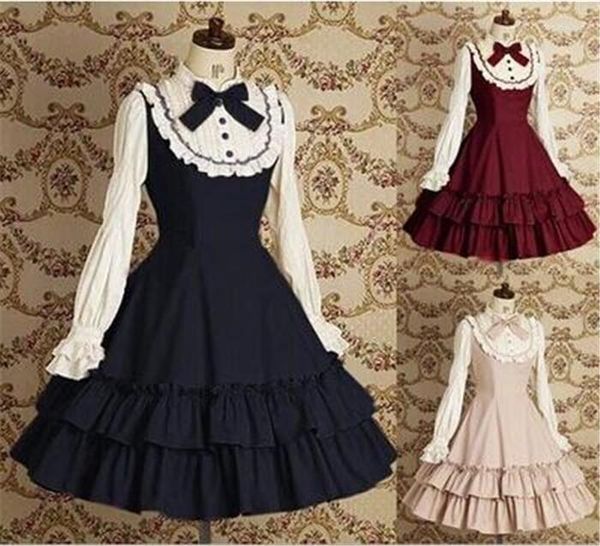 Traje temático Vestido de lolita de algodón de mujer de manga larga vintage con volantes dulce A412