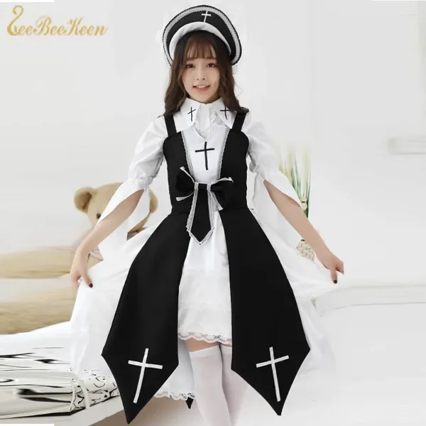 Traje temático lolita jsk negro / rojo gótico estilo retro mujeres vestido negro muñeca cruz bruja cosplay para niñas