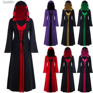 Thème Costume Robe Médiévale Pour Femmes À Lacets Vintage Cape À Capuchon Robe Adulte Venez Rétro Cosplay Halloween Effrayant Vampire Sorcière Longue DressL231007