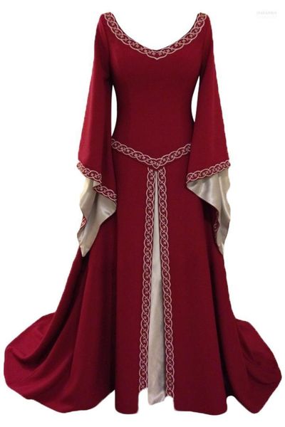 Costume à thème médiéval rétro Vintage, col en v, manches longues en corne, robe longue pour femmes adultes, Costumes de Cosplay d'halloween
