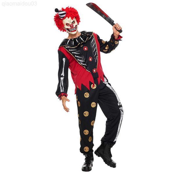 Tema Traje Hombres Scary Skeleton Circo Payaso Halloween Come Droll Joker Horror Máscara Carnival Stage Show Cosplay Set Bone Skull Party Dress L230804