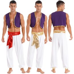 Thema kostuum heren Halloween kostuum mythische prins Aladin Carnival Cosplay Party -outfit pailletten trimschilt met riembroek 230422
