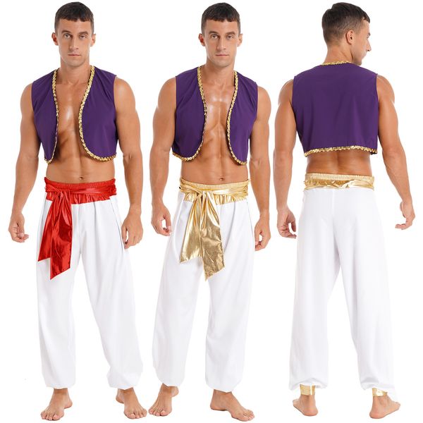 Thème Costume Hommes Costume d'Halloween Mythique Prince Aladin Carnaval Cosplay Tenue De Fête Sequin Garniture Gilet avec Pantalon Ceinturé 230410