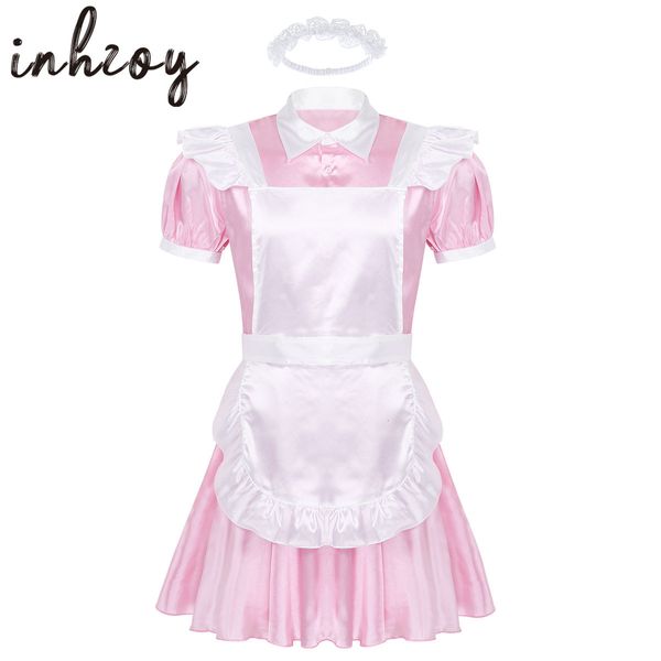 Costume à thème Costume de Cosplay Sissy Maid pour hommes, manches bouffantes, froufrous en satin, tablier français, robe de servante, ensemble de robe de poupée de jeu de rôle avec tablier 230822