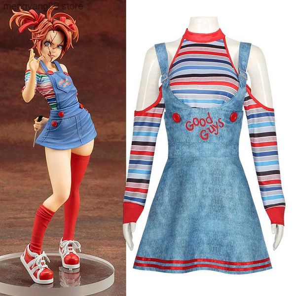 Thème Costume Film Jeu d'enfant Cosplay Chucky Comes pour les femmes Denim Salopette Robe Outfit Adulte Enfants Horreur Tueur Carnaval Halloween T231011