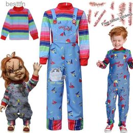 Thème Costume Film Enfants Chucky Cosplay Enfant S Jouer Cosplay Venez Uniforme Top Barboteuses Tenues Tatouage Autocollant Halloween Venez pour les EnfantsL231007