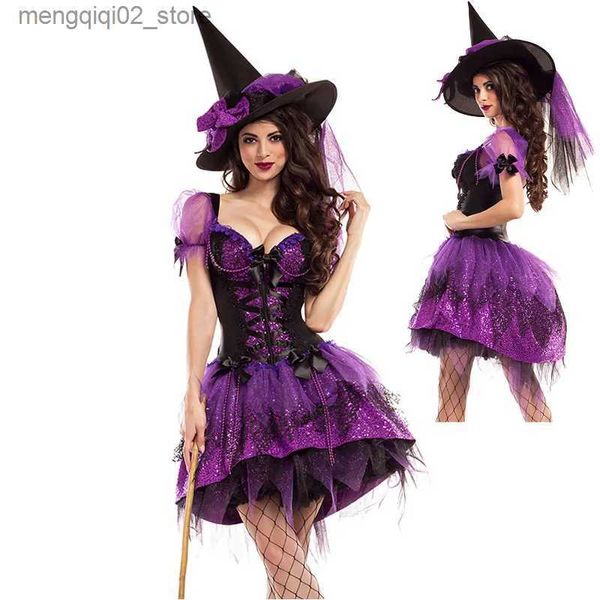 Traje de tema Múltiple Carnaval Halloween Dama Púrpura Elegante Bruja Ven Lindo Esmoquin Magia Hechicera Playsuit Cosplay Fancy Party Dress Q231010