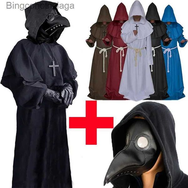 Traje temático Nuevo Halloween Medieval Túnica con capucha Plaga Doctor Come Hat para hombres Monje Cosplay Steampunk Sacerdote Horror Mago Capa CapeL231013