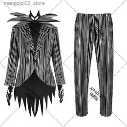 Thème Costume Cauchemar Jack Cos Skellington Cosplay Venez Manteau Pantalon Tenue Halloween Carnaval Fête Déguisement Costume pour Hommes Mâle Adulte Q231010