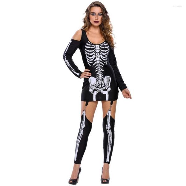 Disfraz temático Esqueleto con hombros descubiertos Mujeres 2022 Chica con estilo Punk Rayado X Halloween A89025 Cosplay Disfraces para mujer Vestido de fiesta de carnaval