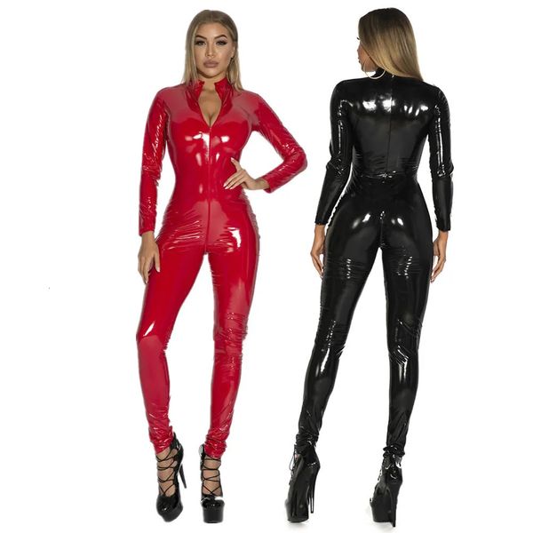 Costume de thème grande taille S 5XL femmes Sexy Latex Catsuit noir Wetlook complet body PVC combinaison Clubwear Faux cuir 231123