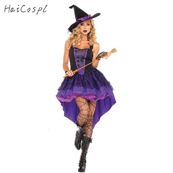 Disfraz temático de talla grande XXL-S para mujer, bruja de Halloween, adulto, Sexy, púrpura, cola de golondrina, vestido con soporte, sombrero, conjunto de fiesta de Carnaval 230404