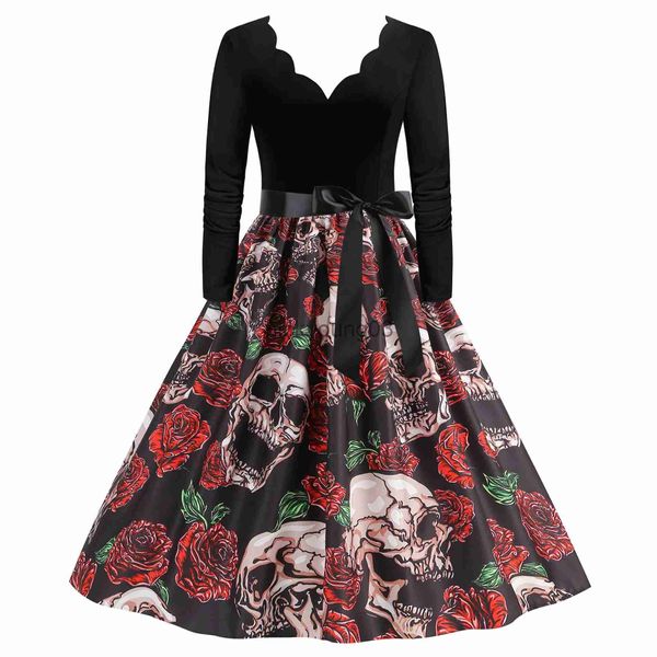 Costume à thème Costume d'Halloween rétro Robe de soirée effrayante Femmes 2023 Col en V Manches longues Squelette Crâne Imprimé Goth Cosplay Pinup Disfraces Mujer x1010