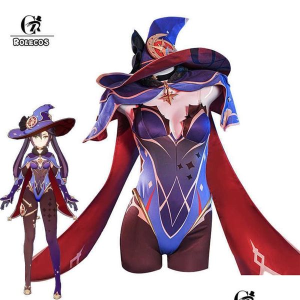 Costume à thème Rolecos Game Genshin Impact Mona Cosplay Sexy Femmes Combinaison Halloween Body Chapeau Châle Fl Ensemble Y0277S Drop Delivery Dh7A2