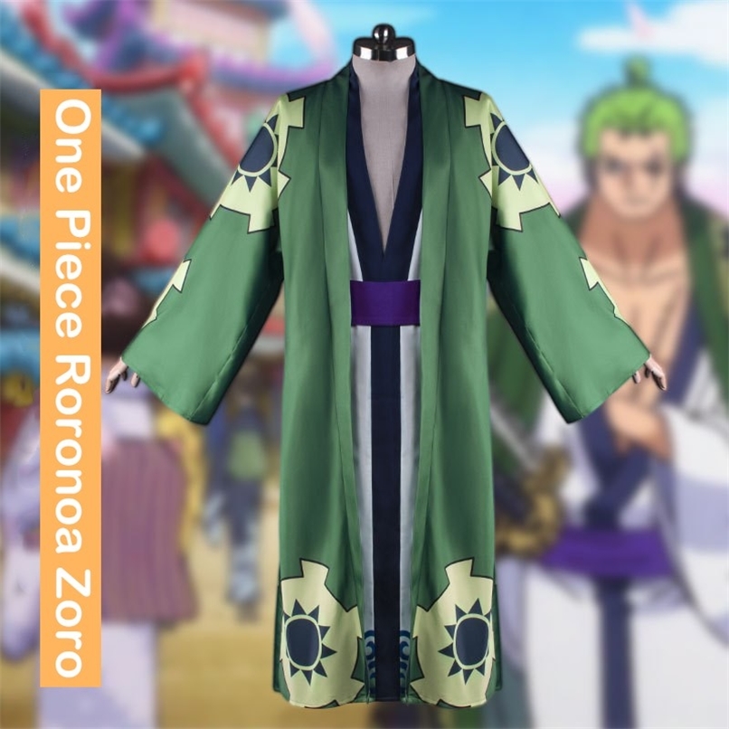 Tema Traje Roronoa Zoro Cosplay Traje Kimono Robe Manto Cinto Terno Completo para Homens Mulher 220812