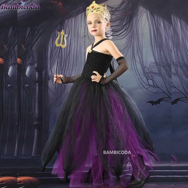 Traje temático Bruja del mar Ursula Cosplay para niñas Pulpo púrpura Vestido largo de tutú para niños Traje de carnaval Varita mágica Corona Halloween viene Q231010