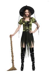 Disfraz de tema de diseñador Fasion Sexy verde adulto bruja mago Cosplay vestido mujer fantasía Halloween Irregular gótico con sombrero