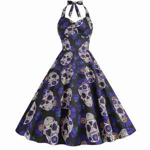 Thema Kostuum Sexy Halter Strapless Gothic Retro Rave Party Jurken Vrouwen 2023 Gewaad Swing Schedel Print Scarey Halloween Kostuums Midi vestidos x1010