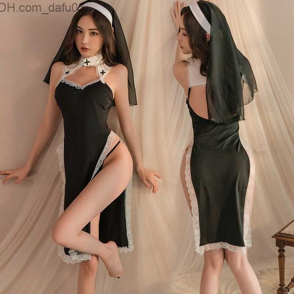 Traje de tema Monja sexy juego de rol Halloween llega Lencería de encaje Kawaii uniforme sexual anime Juego de rol gótico Conjunto de vestido largo de Lolita para mujer Z230805